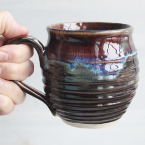 Image of Amber Brown, and Blue Pottery Mug, 14 oz. Handcrafted Coffee Cup, Made in USA (A)