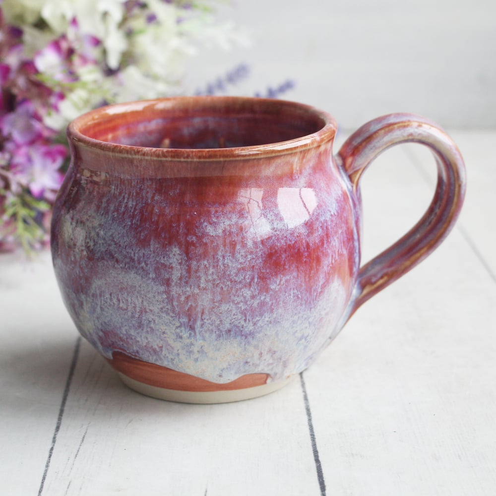 Image of Pretty Mug in Pink and White Splashy Glazes, Handcrafted Coffee Cup 15 ounce, Made in USA (B)