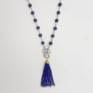 Vintage Rhinestone Lapis Tassel Necklace