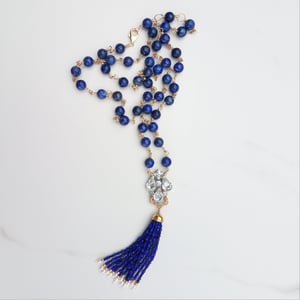 Vintage Rhinestone Lapis Tassel Necklace
