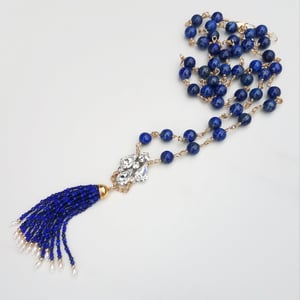 Vintage Rhinestone Lapis Tassel Necklace