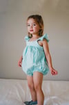 Clover Ruffled Rompers Mint Tiny Hearts RTS,  0-3M 