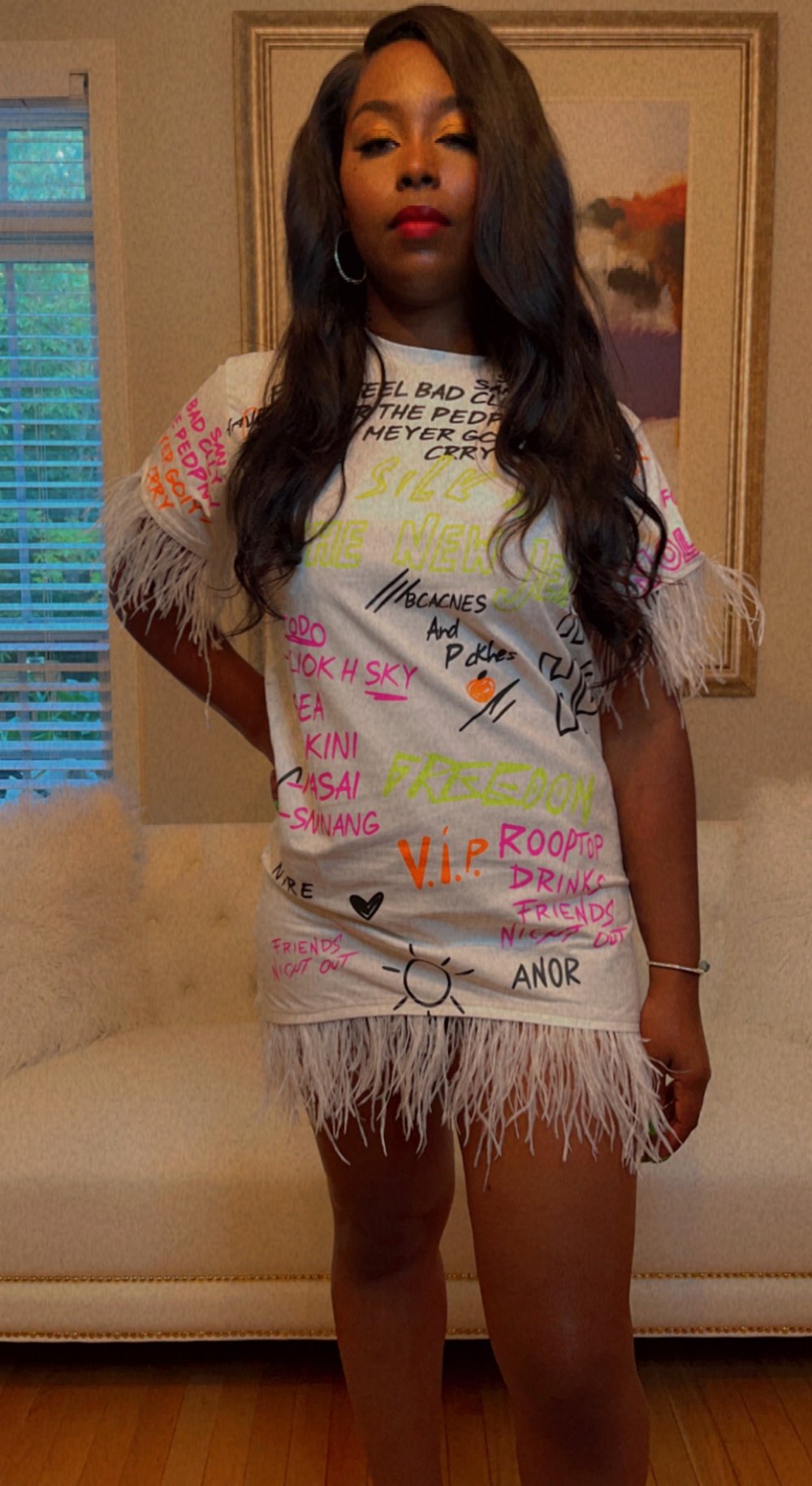 Image of V.I.P Pink Graffiti and Feathers Mini Dress