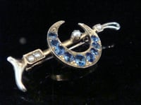 Image 1 of ORIGINAL EDWARDIAN 9CT YELLOW GOLD SAPPHIRE PEARL CRESCENT BROOCH