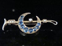 Image 2 of ORIGINAL EDWARDIAN 9CT YELLOW GOLD SAPPHIRE PEARL CRESCENT BROOCH