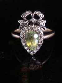 Image 2 of Victorian 15ct silver old rose cut diamond peridot heart bow ring