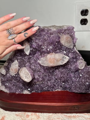 AMETHYST WITH DOUBLE TERMINATED CALCITE ON CUSTOM WOODEN BASE