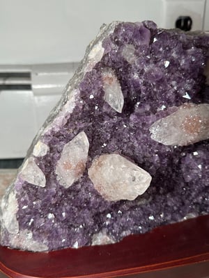 AMETHYST WITH DOUBLE TERMINATED CALCITE ON CUSTOM WOODEN BASE