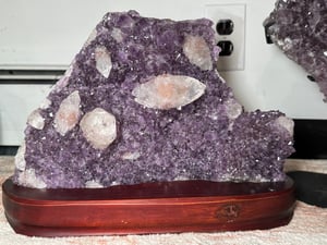 AMETHYST WITH DOUBLE TERMINATED CALCITE ON CUSTOM WOODEN BASE