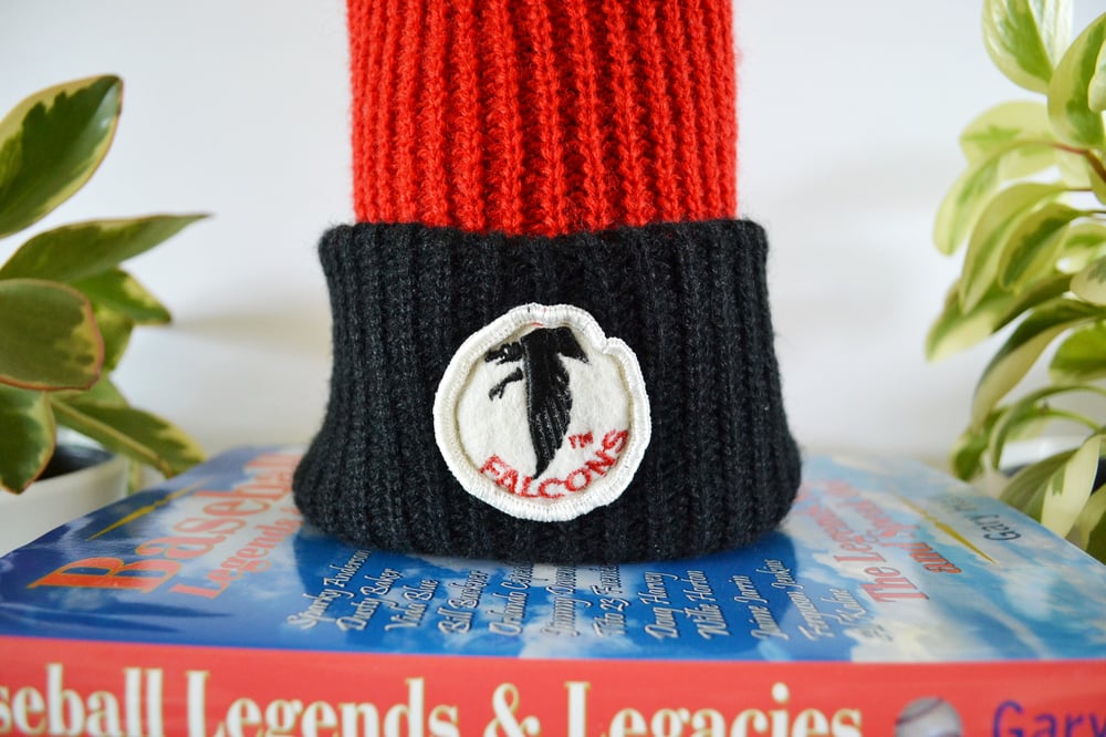 Image of Vintage 1980's Atlanta Falcons Red & Black Knit Pom Beanie
