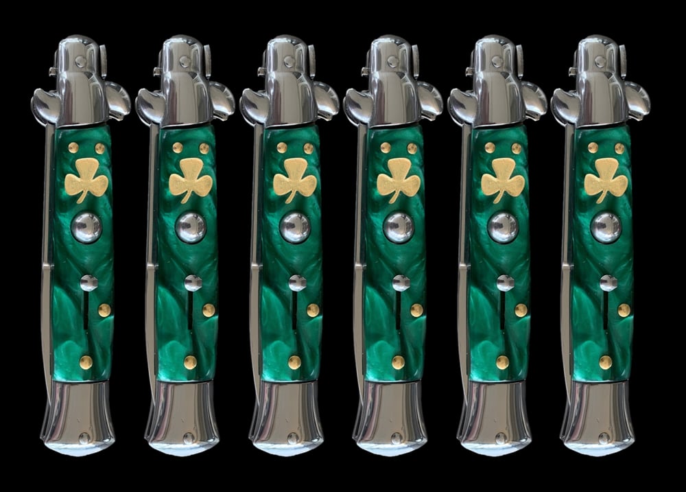 Image of ☘️  Danny Boy's "Irish Toothpicks" 9-Inch Green Switchblade Stiletto Knife. ☘️ 