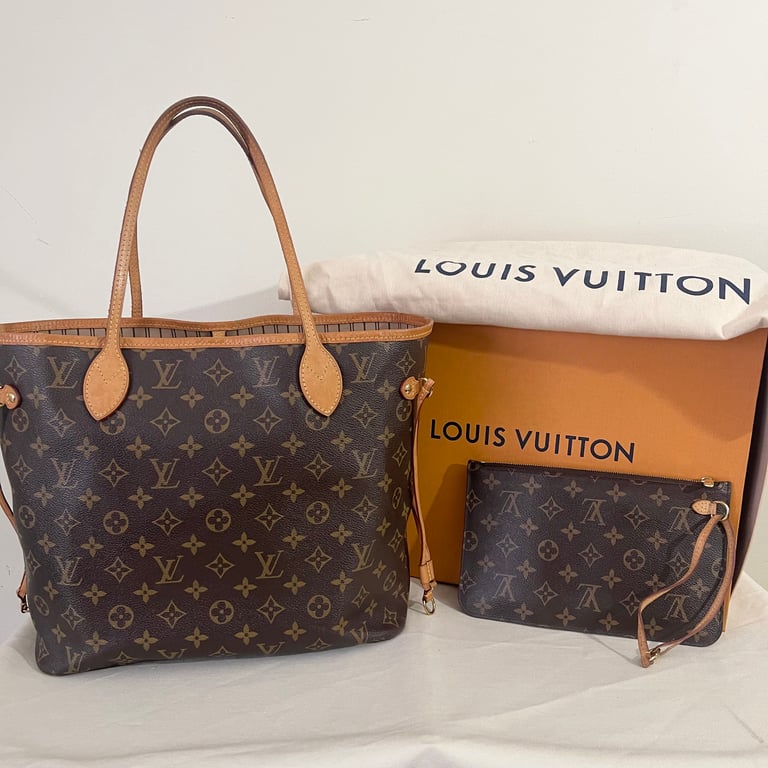 Authentic Louis Vuitton Neverfull MM Tote Monogram Beige With Pouch