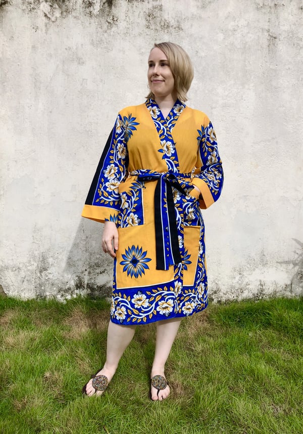 Image of Kanga African Print Bathrobe - Blue floral/yellow background