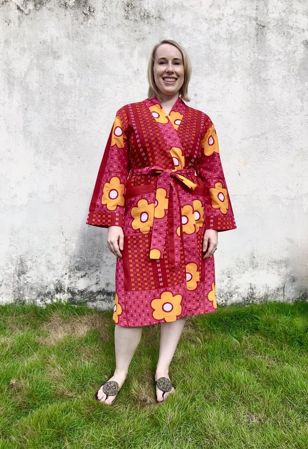 Image of Kanga African print bathrobe - Fuscia Pink/Orange floral