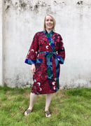 Image 2 of Kitenge African Wax Print Bathrobe - Maroon Floral w/Blue Trim