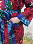 Image 3 of Kitenge African Wax Print Bathrobe - Maroon Floral w/Blue Trim