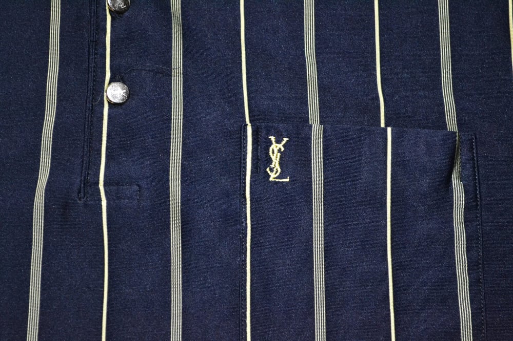 Image of Vintage 1990's Yves Saint Laurent Navy & Yellow Striped Collared Shirt Sz.XL