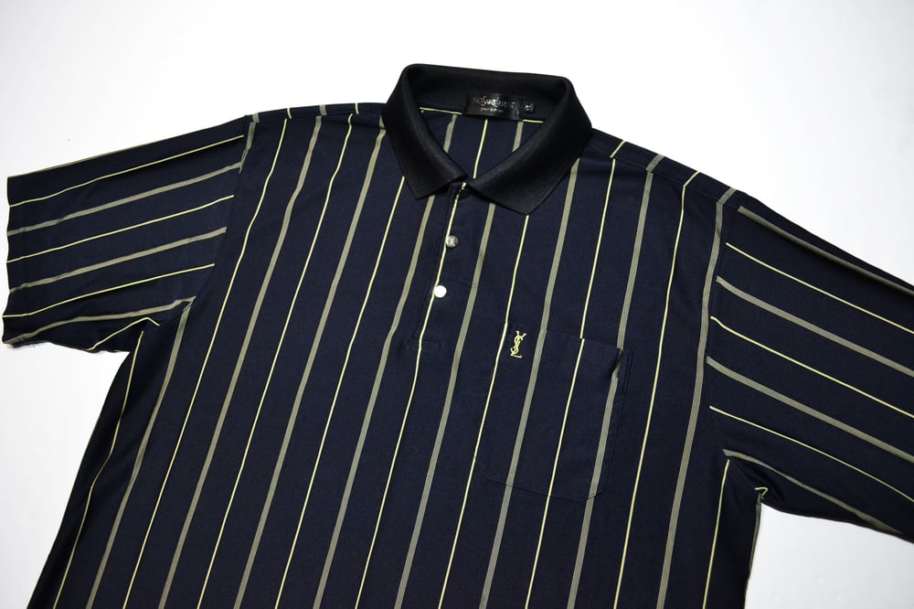 Image of Vintage 1990's Yves Saint Laurent Navy & Yellow Striped Collared Shirt Sz.XL