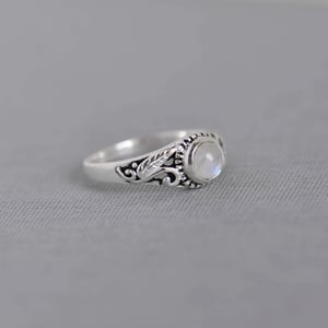 Image of Rainbow Moonstone cabochon cut vintage style silver ring