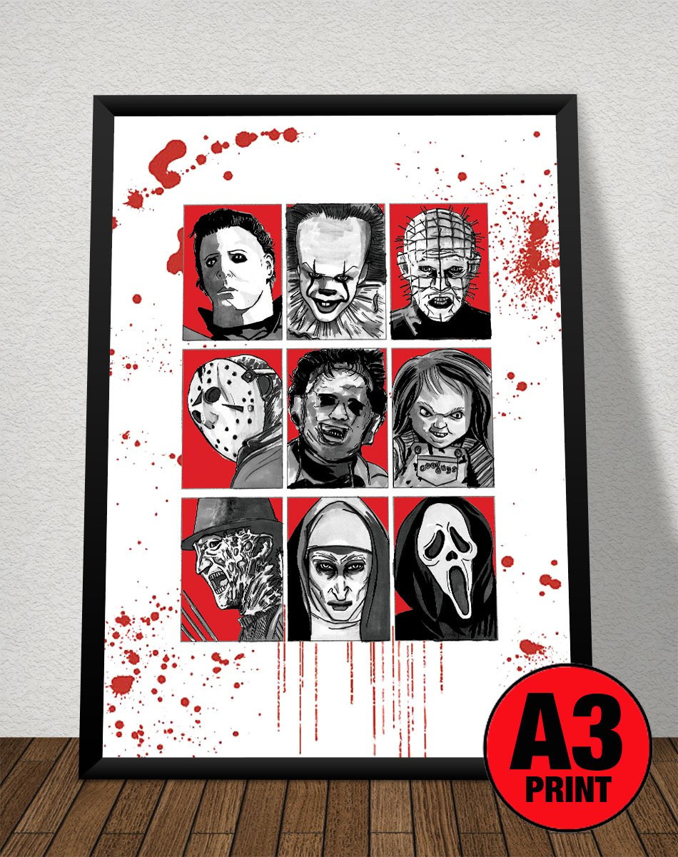 Horror Movie Icons A3 (16" x 12") Signed Print Comic Style Illustration