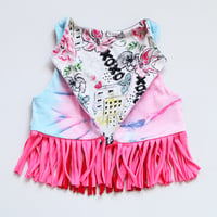 Image 3 of HAPPY 4TH BIRTHDAY 4T FOUR 4 FOURTH BDAY tie dye pink blue COURTNEYCOURTNEY OPEN LAYER FRINGE VEST