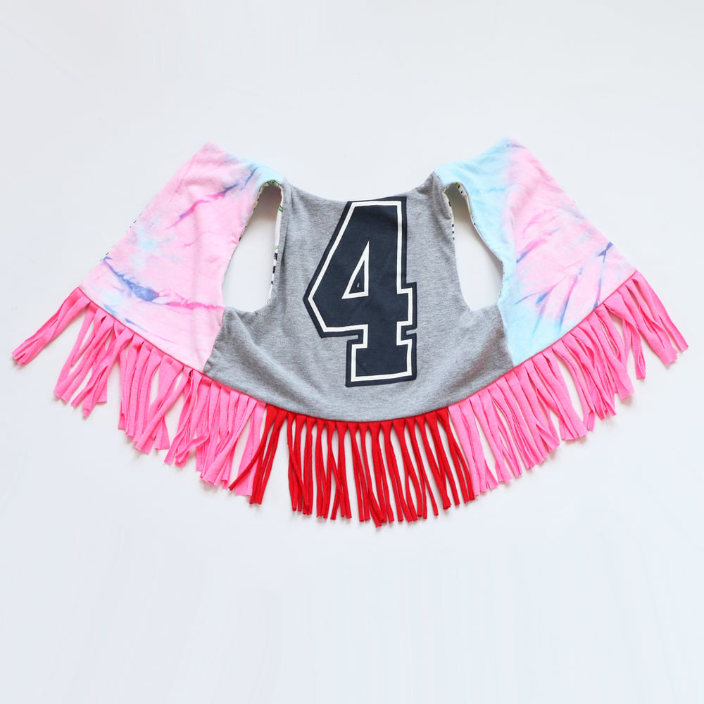 Image of HAPPY 4TH BIRTHDAY 4T FOUR 4 FOURTH BDAY tie dye pink blue COURTNEYCOURTNEY OPEN LAYER FRINGE VEST