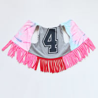Image 1 of HAPPY 4TH BIRTHDAY 4T FOUR 4 FOURTH BDAY tie dye pink blue COURTNEYCOURTNEY OPEN LAYER FRINGE VEST