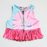 Image 2 of HAPPY 4TH BIRTHDAY 4T FOUR 4 FOURTH BDAY tie dye pink blue COURTNEYCOURTNEY OPEN LAYER FRINGE VEST