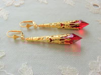 Image 1 of Vamp Ornate Pointed Earrings, Red & Antique Gold, Pierced or Clip On
