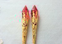 Image 6 of Vamp Ornate Pointed Earrings, Red & Antique Gold, Pierced or Clip On
