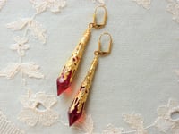 Image 4 of Vamp Ornate Pointed Earrings, Red & Antique Gold, Pierced or Clip On