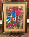 Vintage Framed Hand Painted Red, White & Blue Mexican Bird of Paradise on Bark