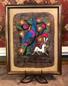 Vintage Framed Hand Painted Blue & Pink Mexican Bird of Paradise on Bark