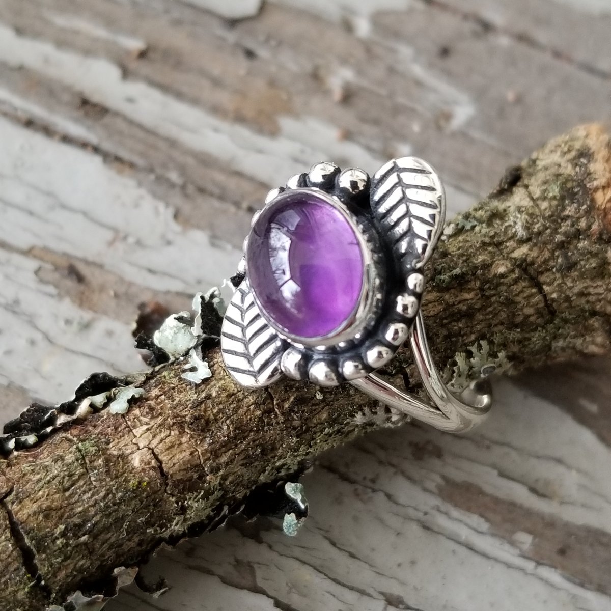 Image of February Leaves - Amethyst Ring in Sterling Silver