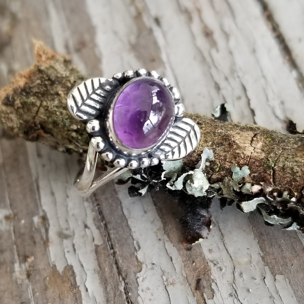 Image of February Leaves - Amethyst Ring in Sterling Silver