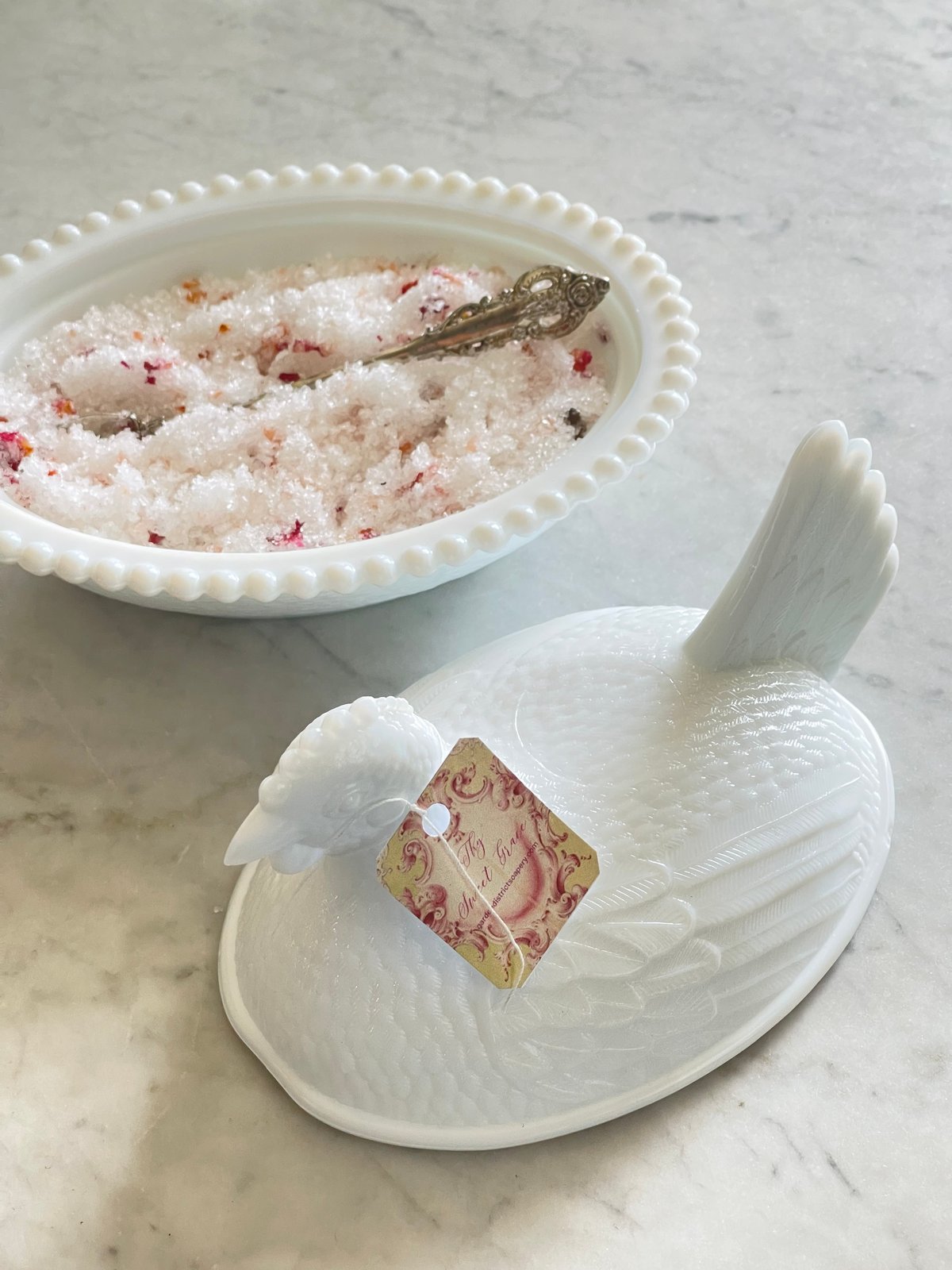 Thy Sweet Grace Luxury Bath Salts in Milk Glass Vintage Hen on Nest Indiana Glassware 