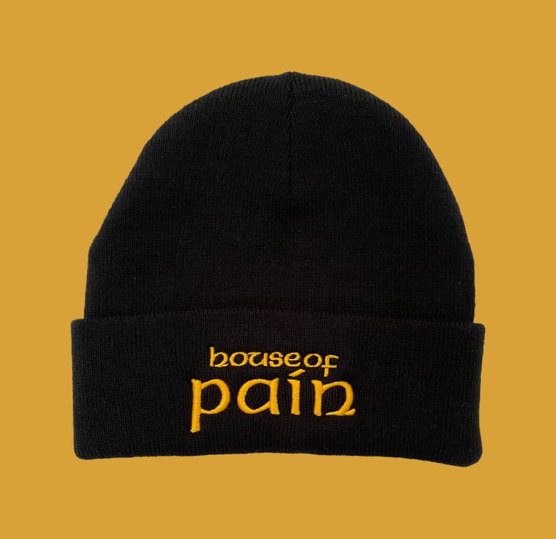 Image of House of Pain Old School Beanie. Black with mustard yellow logo. 
