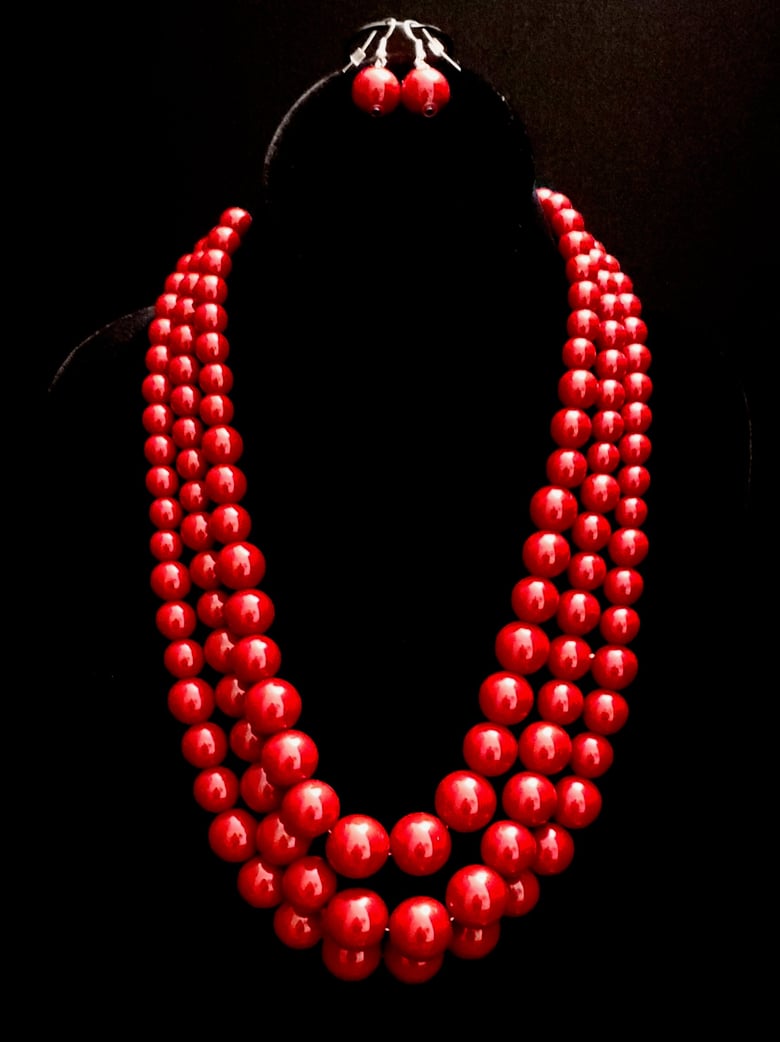 Image of Red Triple Strand Necklace Set 