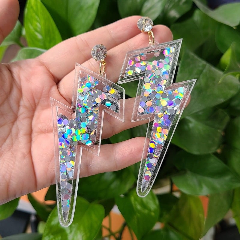 Silver Sequin Glitter Lightning Bolt (Glam Rock Earrings)