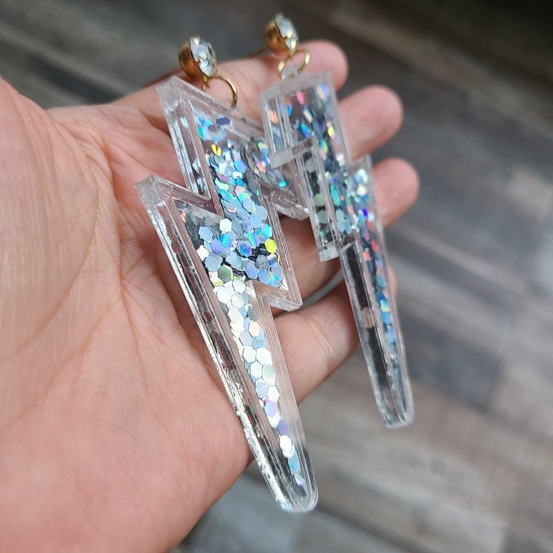 Silver Sequin Glitter Lightning Bolt (Glam Rock Earrings)