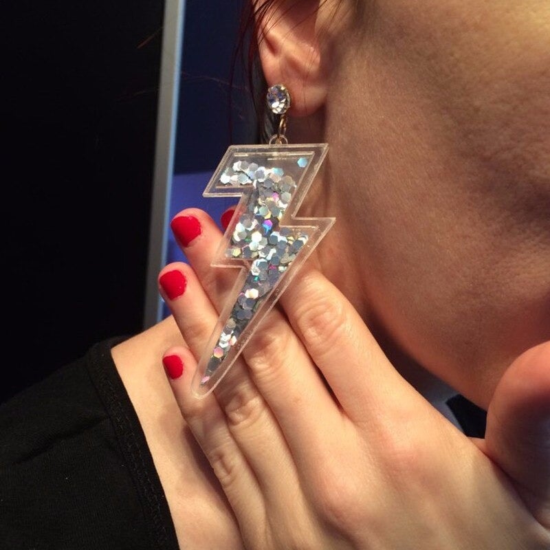 Silver Sequin Glitter Lightning Bolt (Glam Rock Earrings)