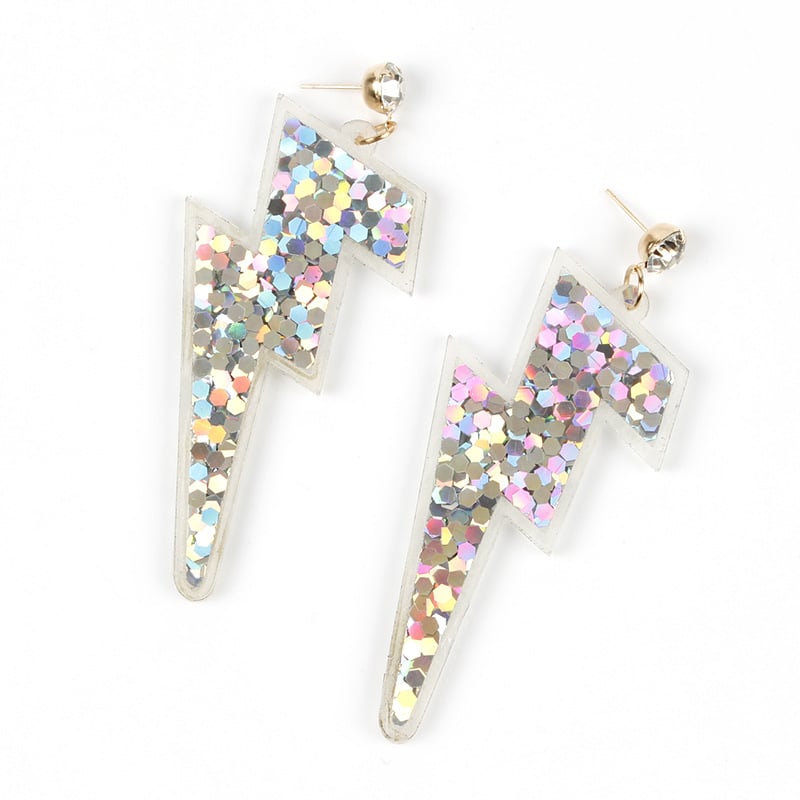 Silver Sequin Glitter Lightning Bolt (Glam Rock Earrings)