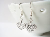 Image 1 of Silver Filigree Heart Earrings, Pierced or Clip On 
