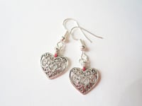 Image 4 of Silver Filigree Heart Earrings, Pierced or Clip On 