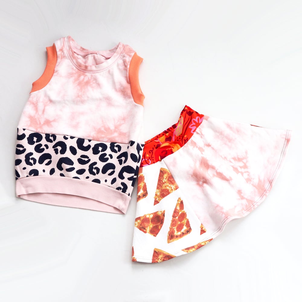 Image of blush pink pizza slices tiedye leopard separates 8 8/10 vest sweatshirt skirt set courtneycourtney