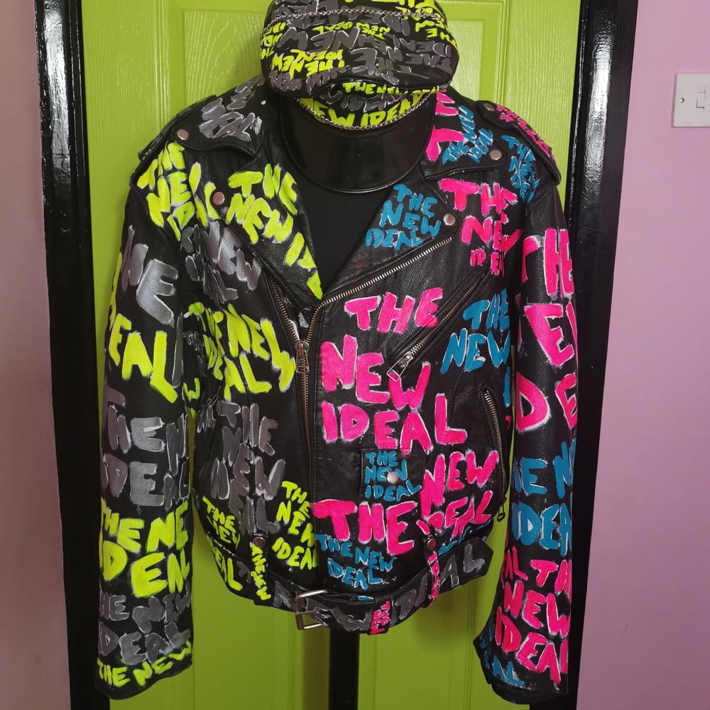 UV GLOW YELLOW & PINK "THE NEW IDEAL" HAND PAINTED VINTAGE BIKER JACKET