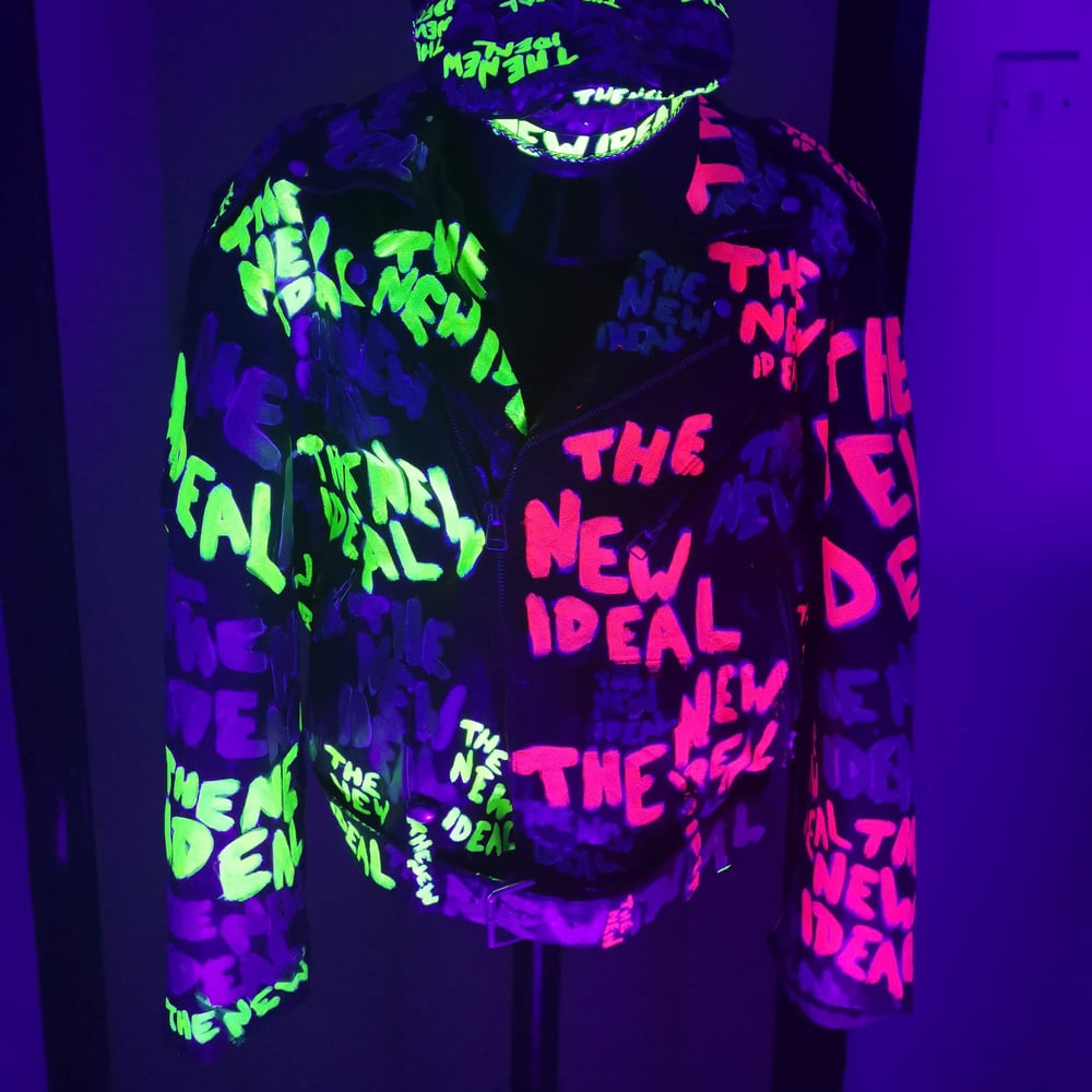 UV GLOW YELLOW & PINK "THE NEW IDEAL" HAND PAINTED VINTAGE BIKER JACKET