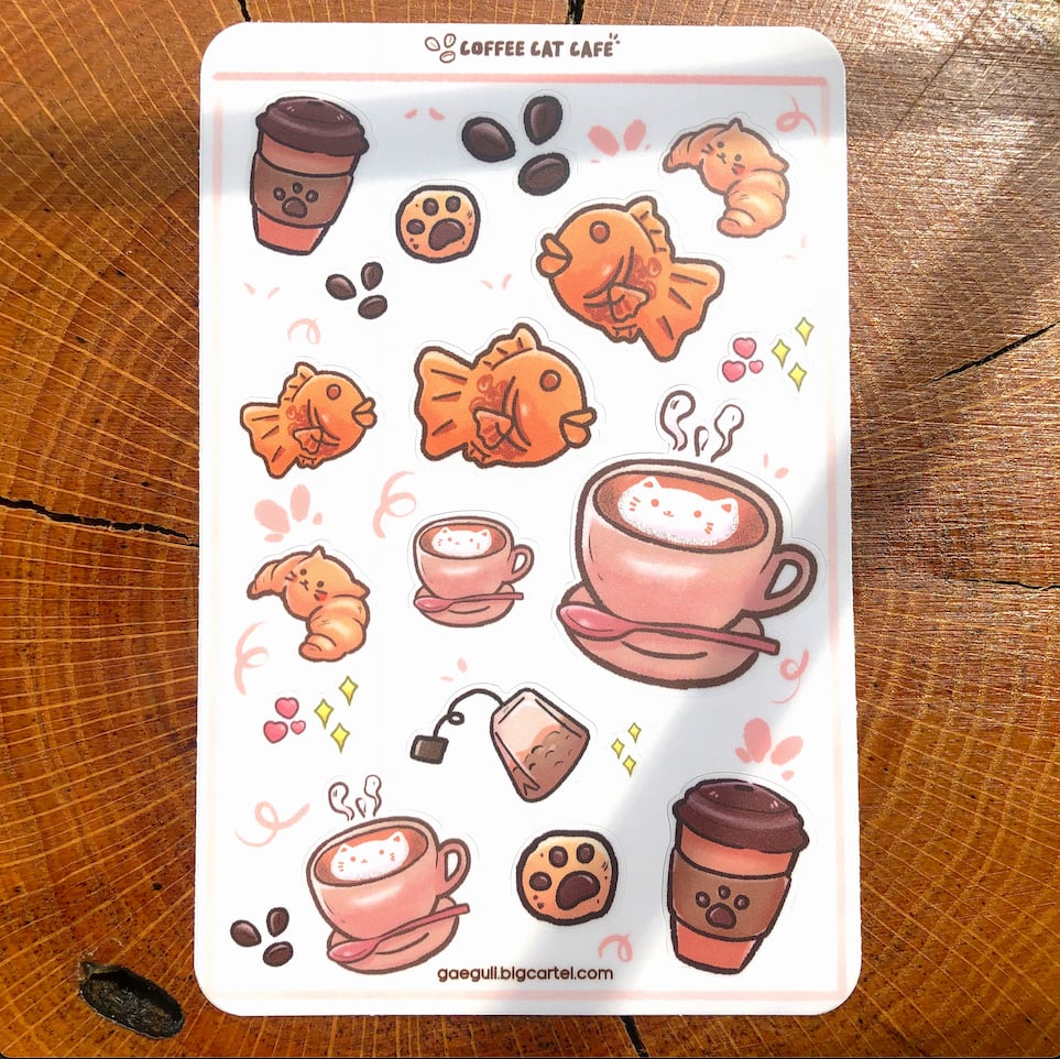 Image of coffee cat cafe 6x4 sticker sheet