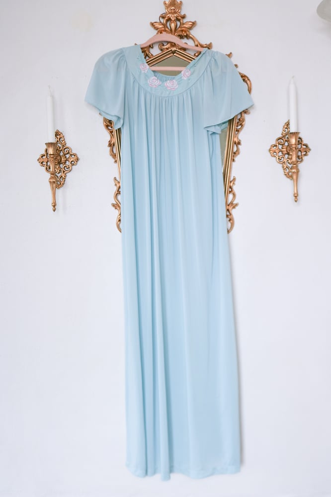 Image of Vintage Shadowline Pastel Blue Princess Nightgown (Small)