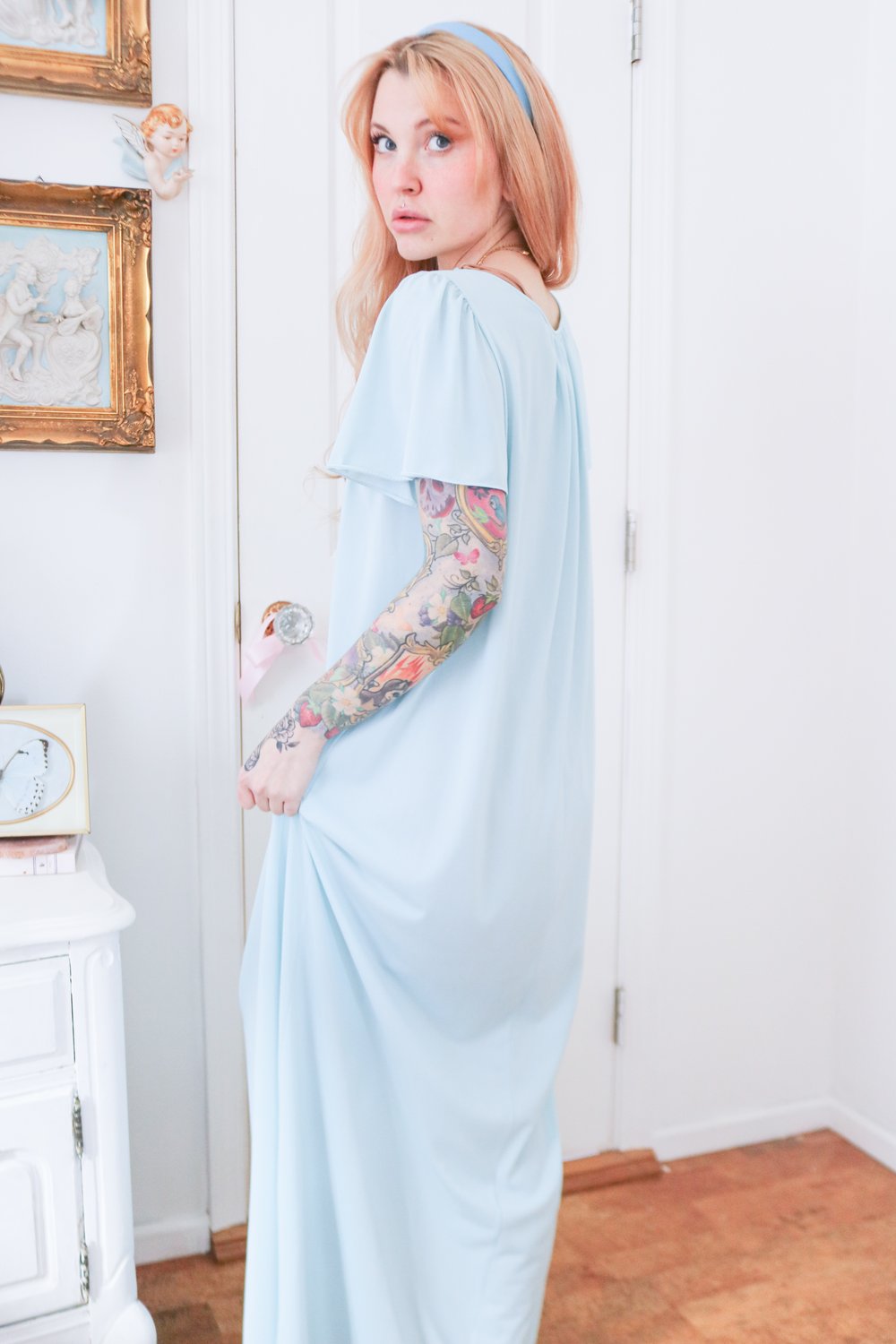Vintage Shadowline Pastel Blue Princess Nightgown (Small)